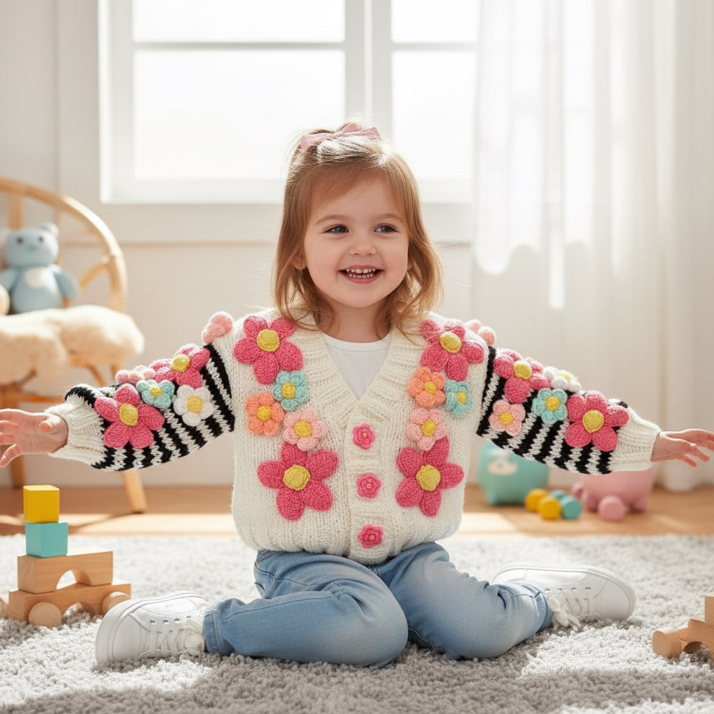 El Yapımı Çiçek Desenli Bebek Hırkası