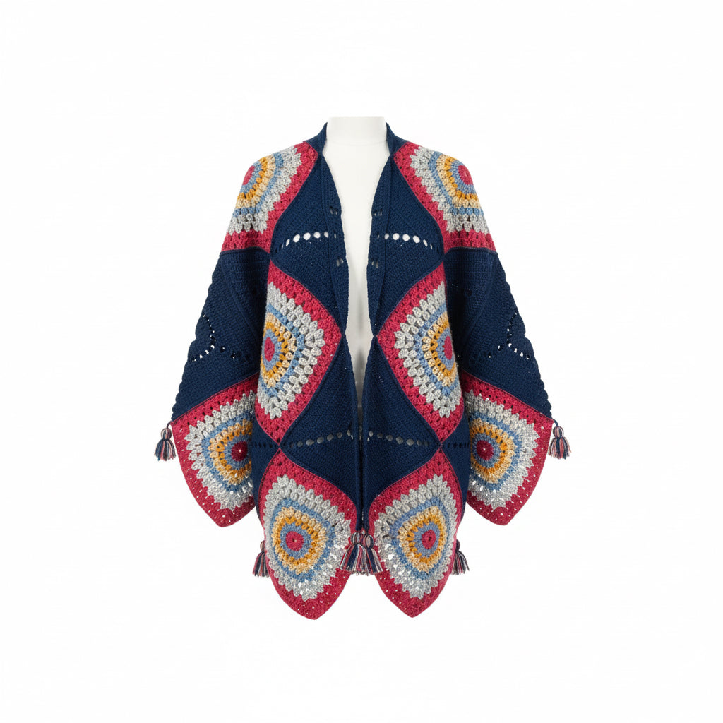 El Yapımı Boho Örgü Hırka – Çok Renkli Geometrik Desen