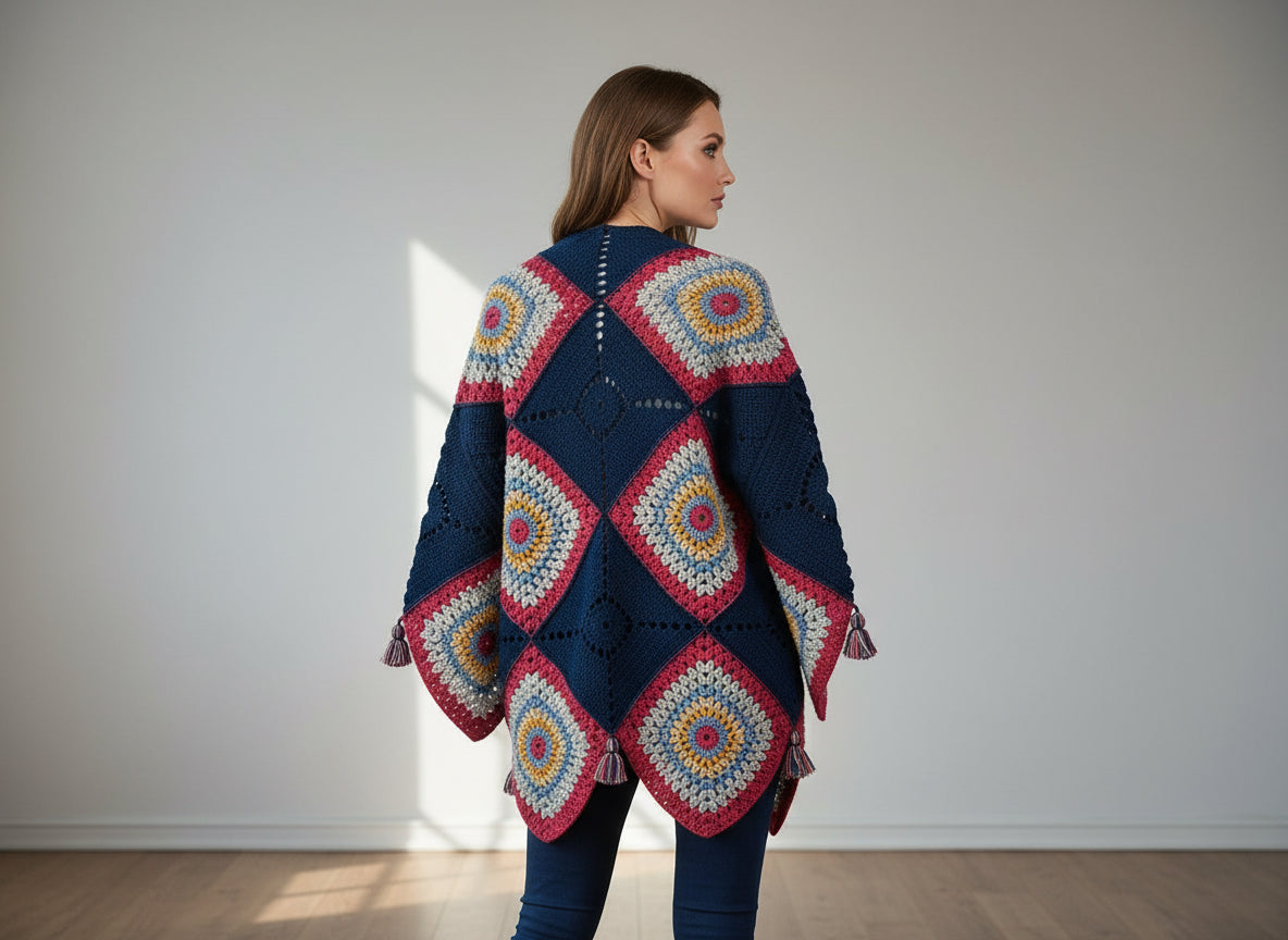 El Yapımı Boho Örgü Hırka – Çok Renkli Geometrik Desen