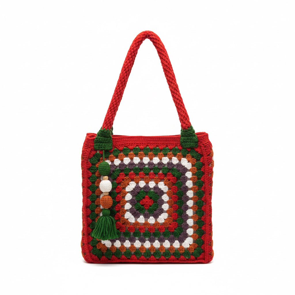 El Yapımı Çok Renkli Örgü Çanta – Boho Geometrik Desen