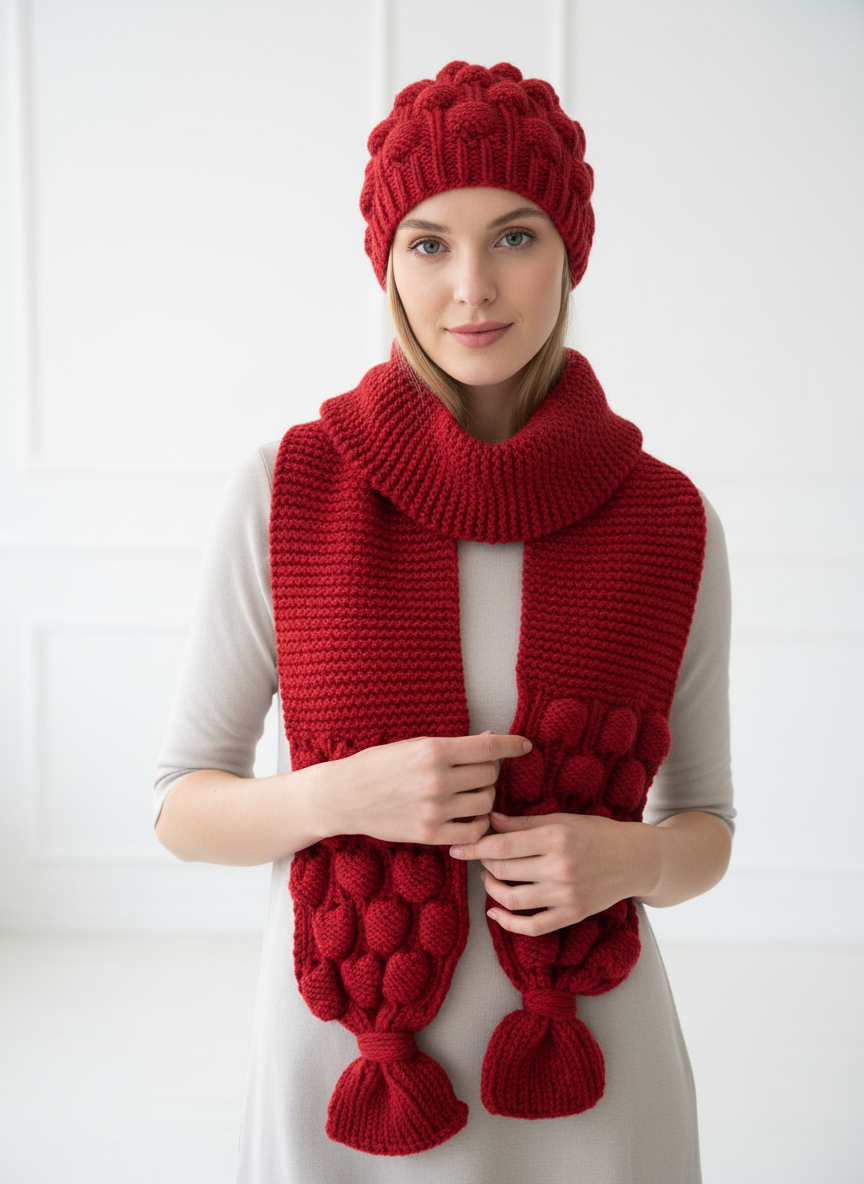 El Örgüsü Kırmızı Şapka ve Atkı Takımı | Yumuşak Dokulu Premium İplik