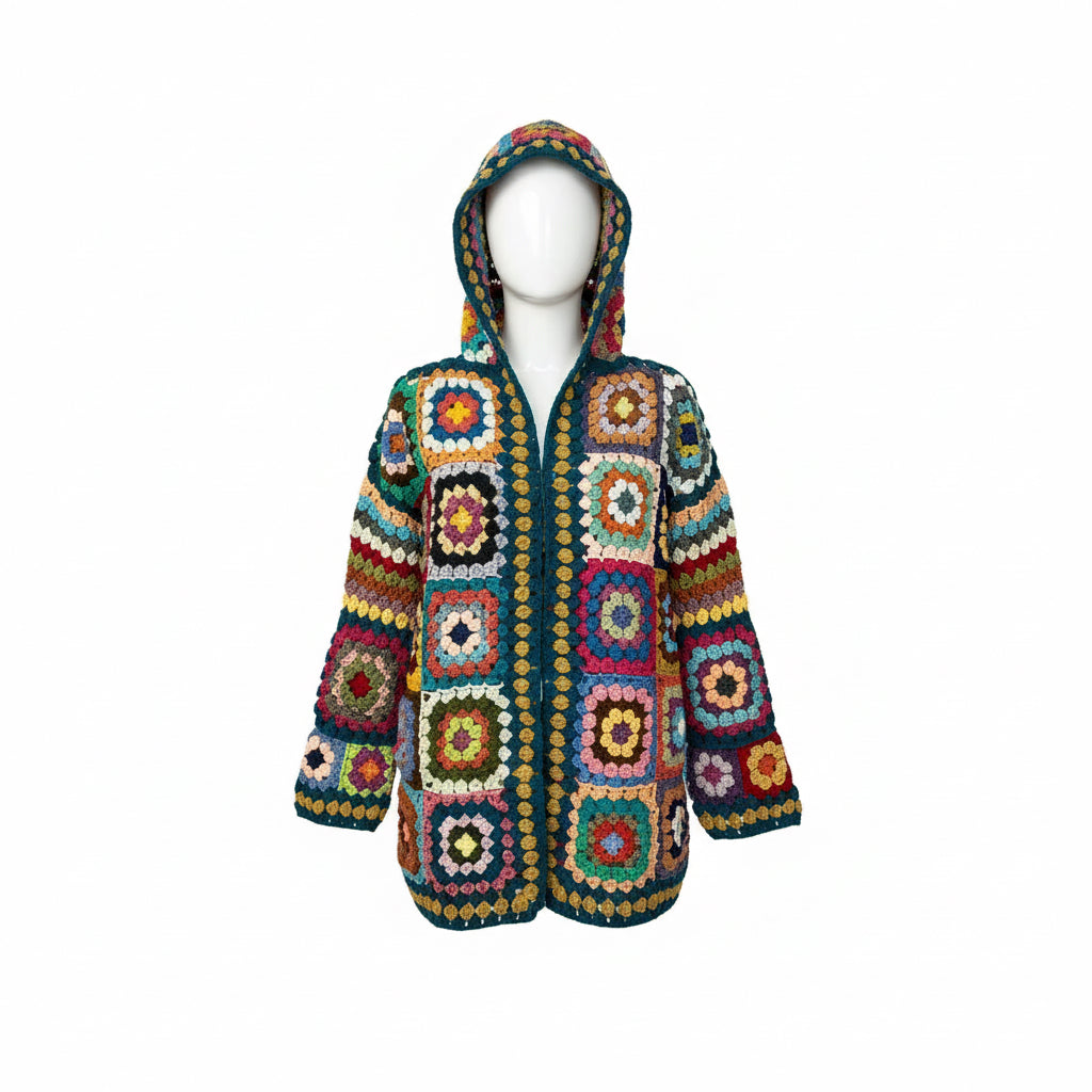 El Yapımı Örgü Kapüşonlu Patchwork Hırka
