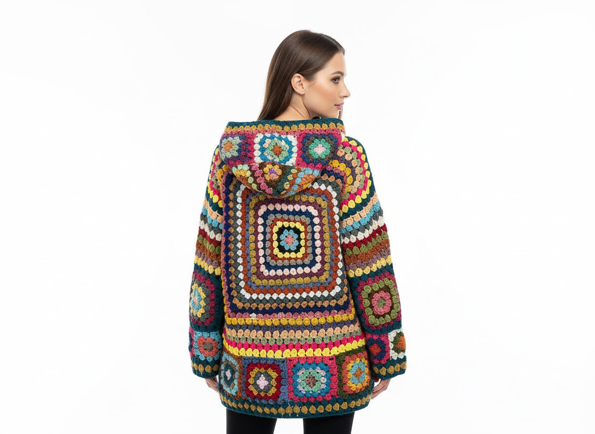 El Yapımı Örgü Kapüşonlu Patchwork Hırka