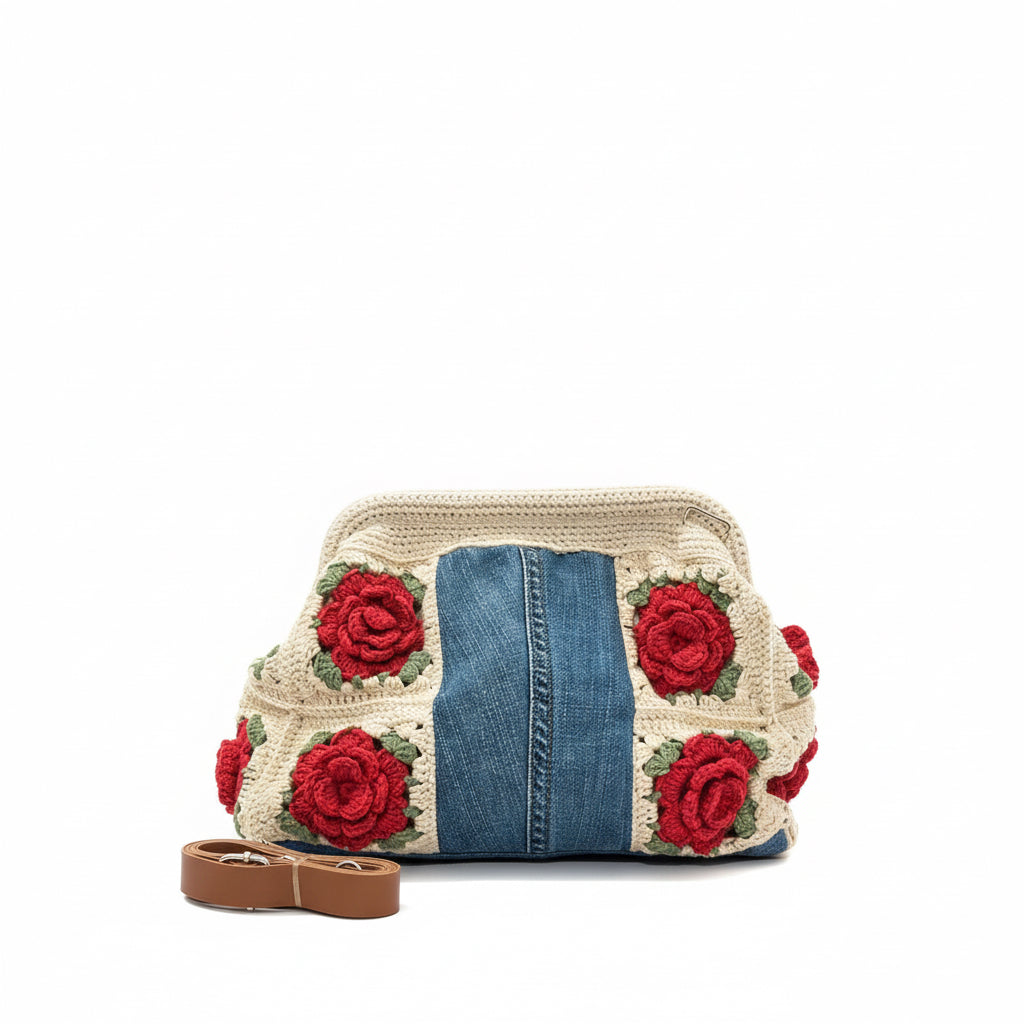 Gül Motifli Denim El Örgüsü Tote Çanta
