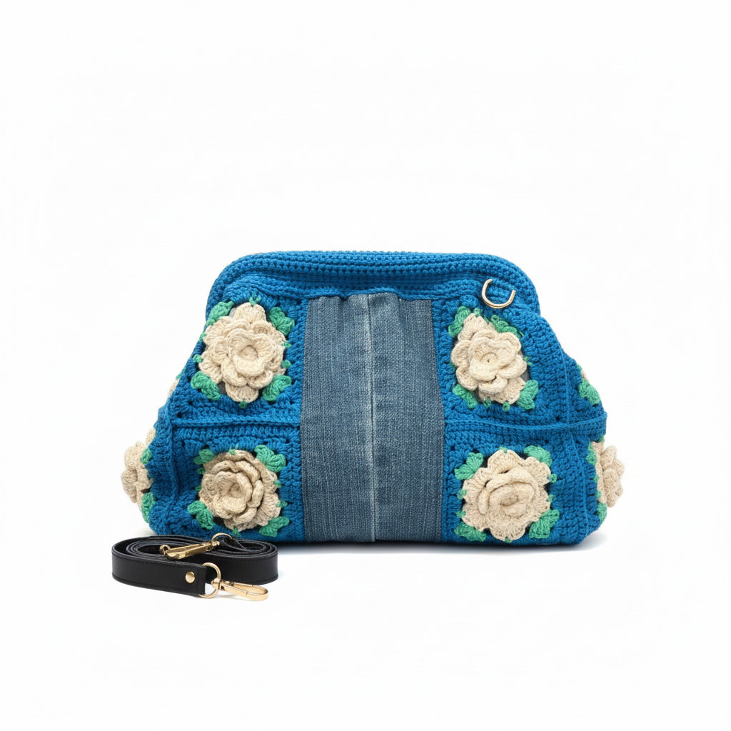 Gül Motifli Denim El Örgüsü Tote Çanta