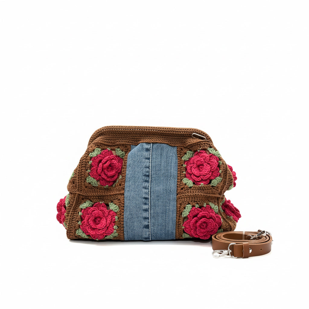 Gül Motifli Denim El Örgüsü Tote Çanta