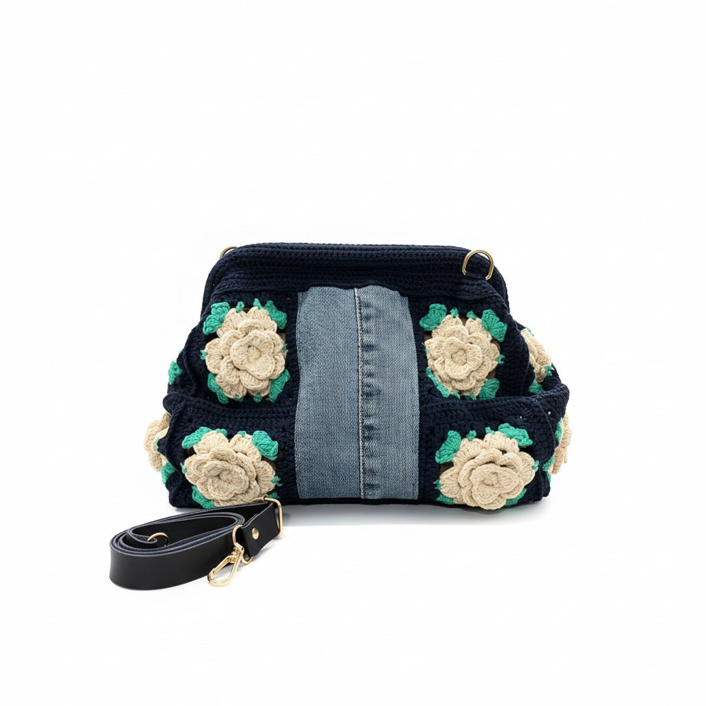 Gül Motifli Denim El Örgüsü Tote Çanta