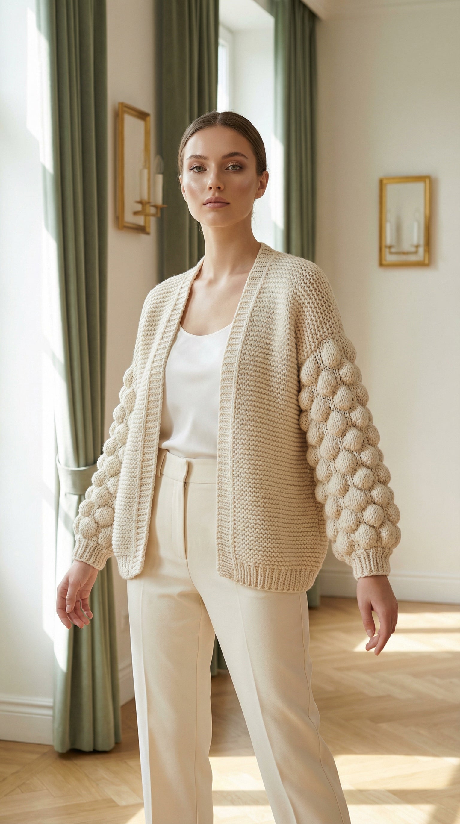 El Örgüsü Krem Hırka | Baloncuk Kol Detaylı