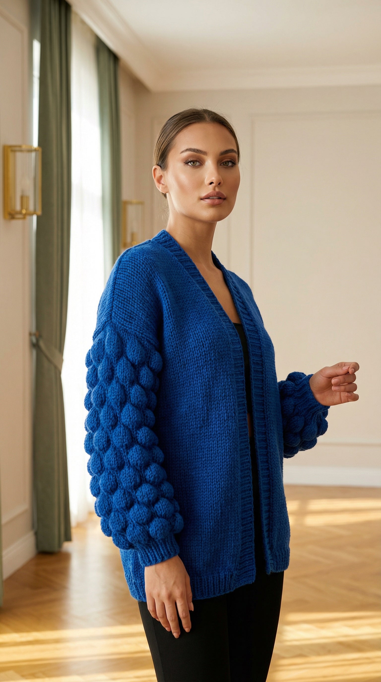 El Örgüsü Mavi Hırka | Baloncuk Kol Detaylı