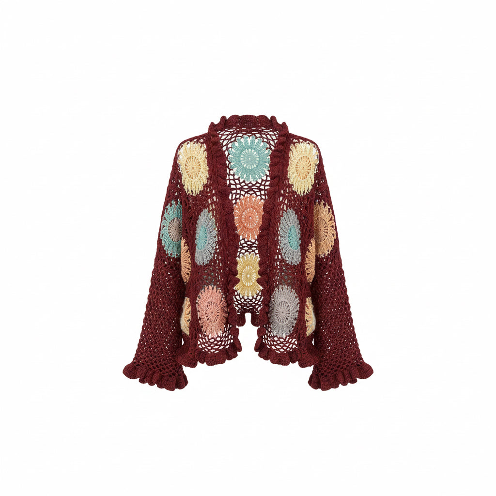 El Yapımı Örgü Bordo Hırka – Pastel Çiçek Motifli