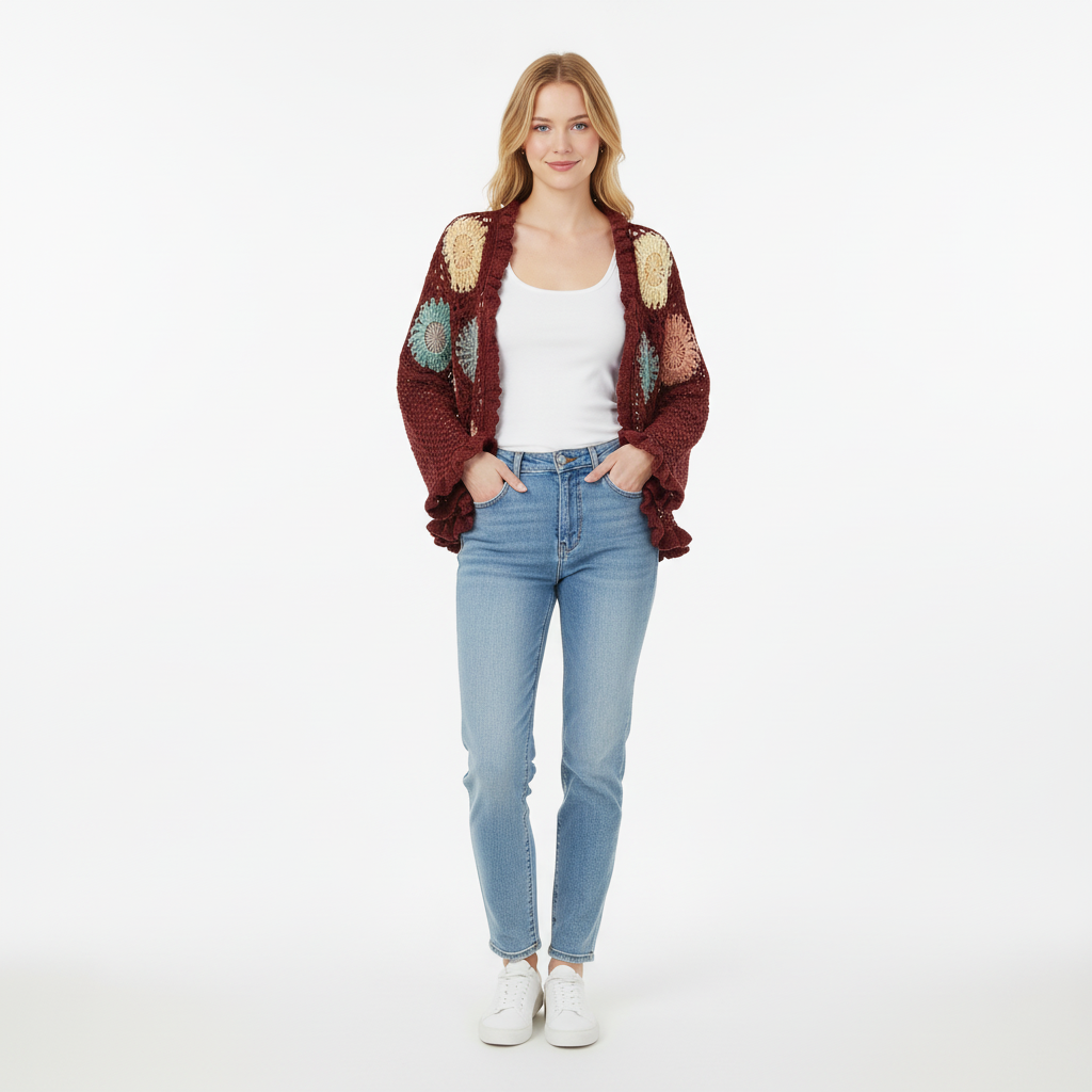 El Yapımı Örgü Bordo Hırka – Pastel Çiçek Motifli