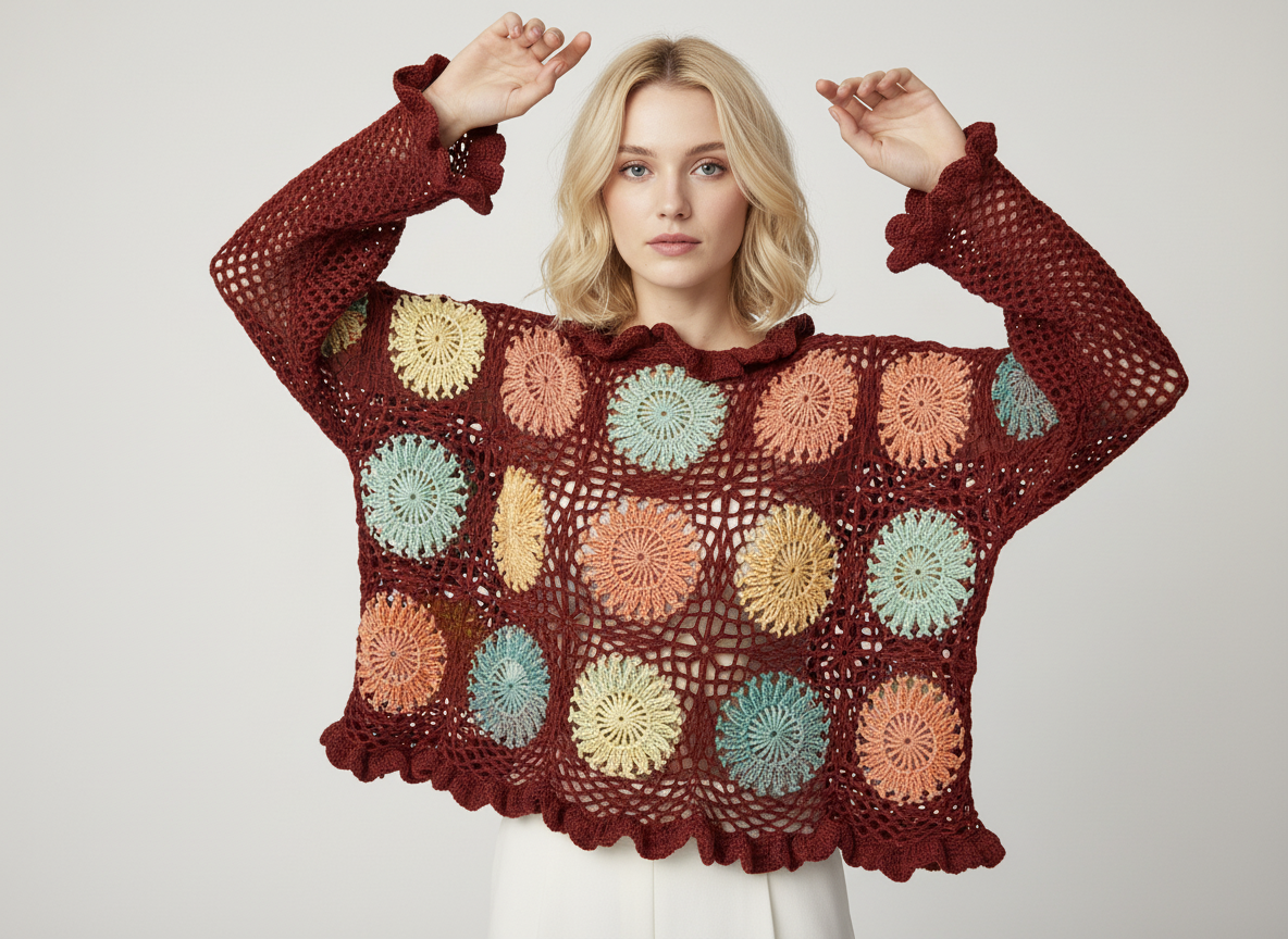 El Yapımı Örgü Bordo Hırka – Pastel Çiçek Motifli