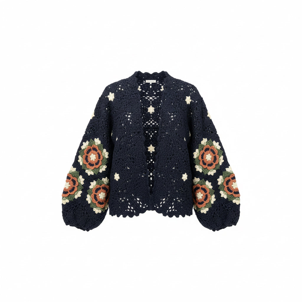 Lacivert Boho Örgü Hırka – Çiçek Desenli Kollu