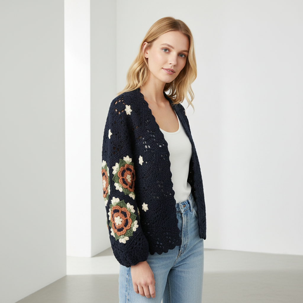 Lacivert Boho Örgü Hırka – Çiçek Desenli Kollu