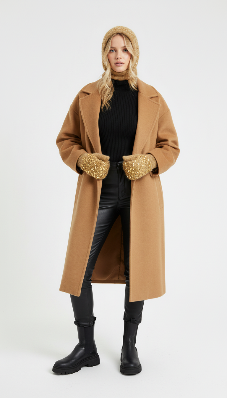 El Örgüsü Şapka ve Eldiven Takımı – Altın Simli Bej Kış Seti