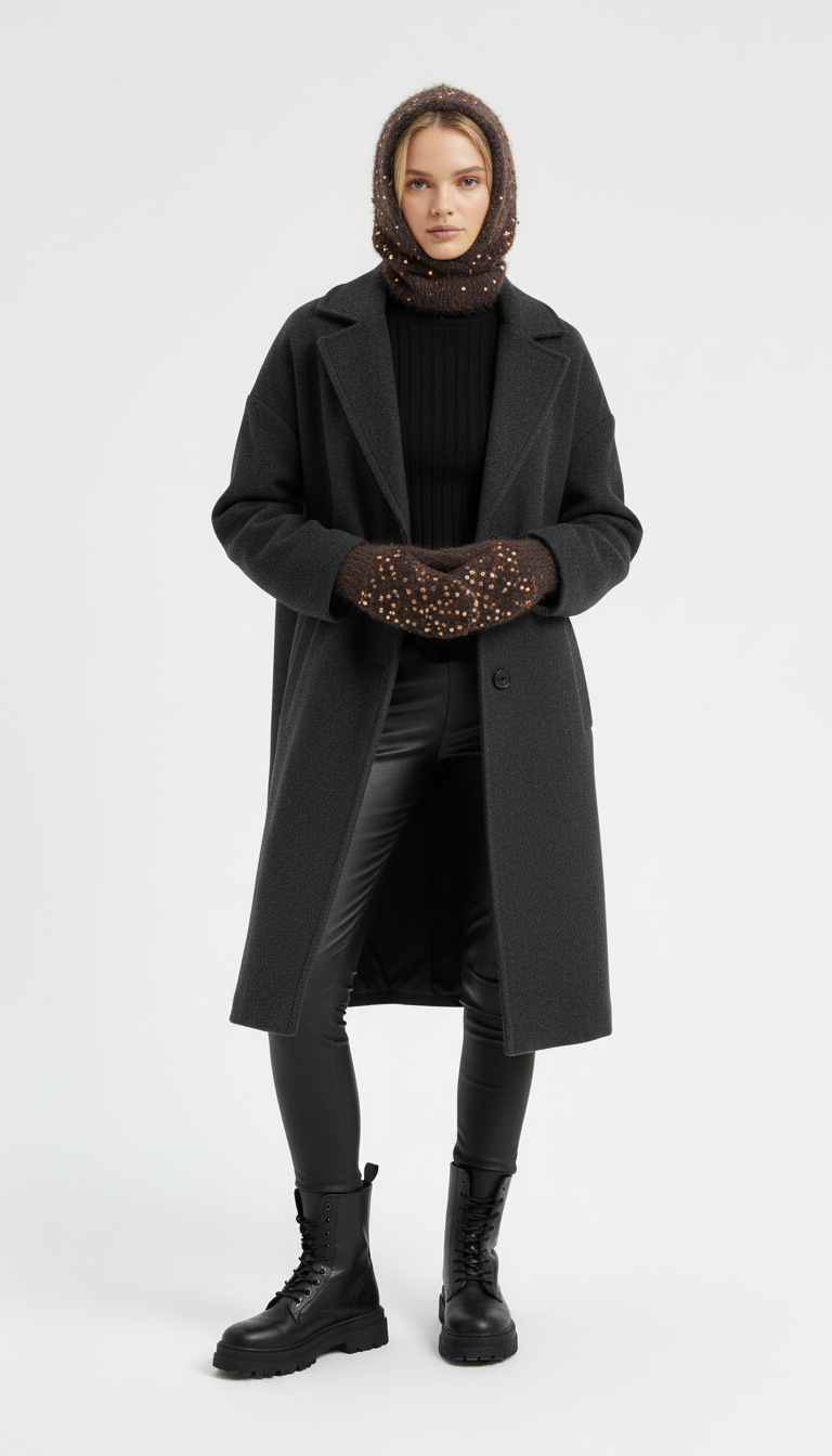 El Örgüsü Şapka ve Eldiven Takımı – Kahverengi Simli Kış Seti