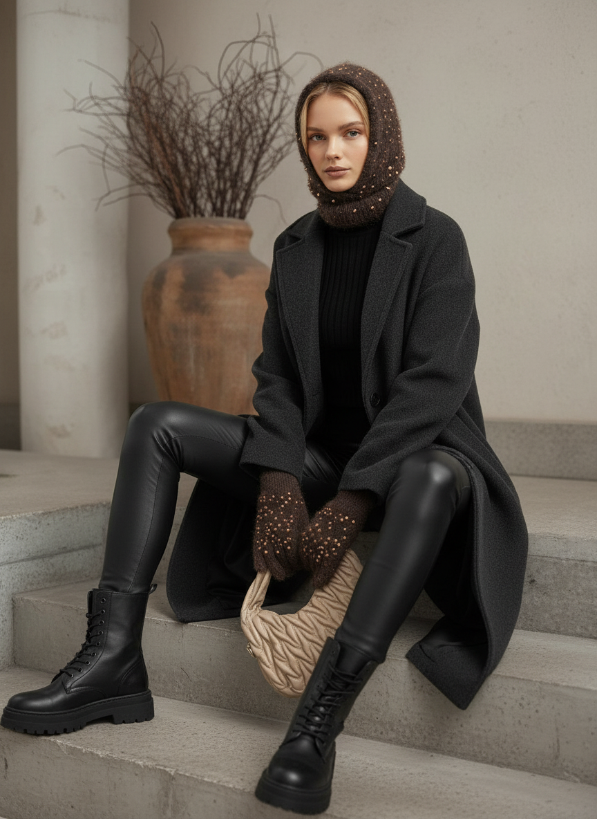 El Örgüsü Şapka ve Eldiven Takımı – Kahverengi Simli Kış Seti