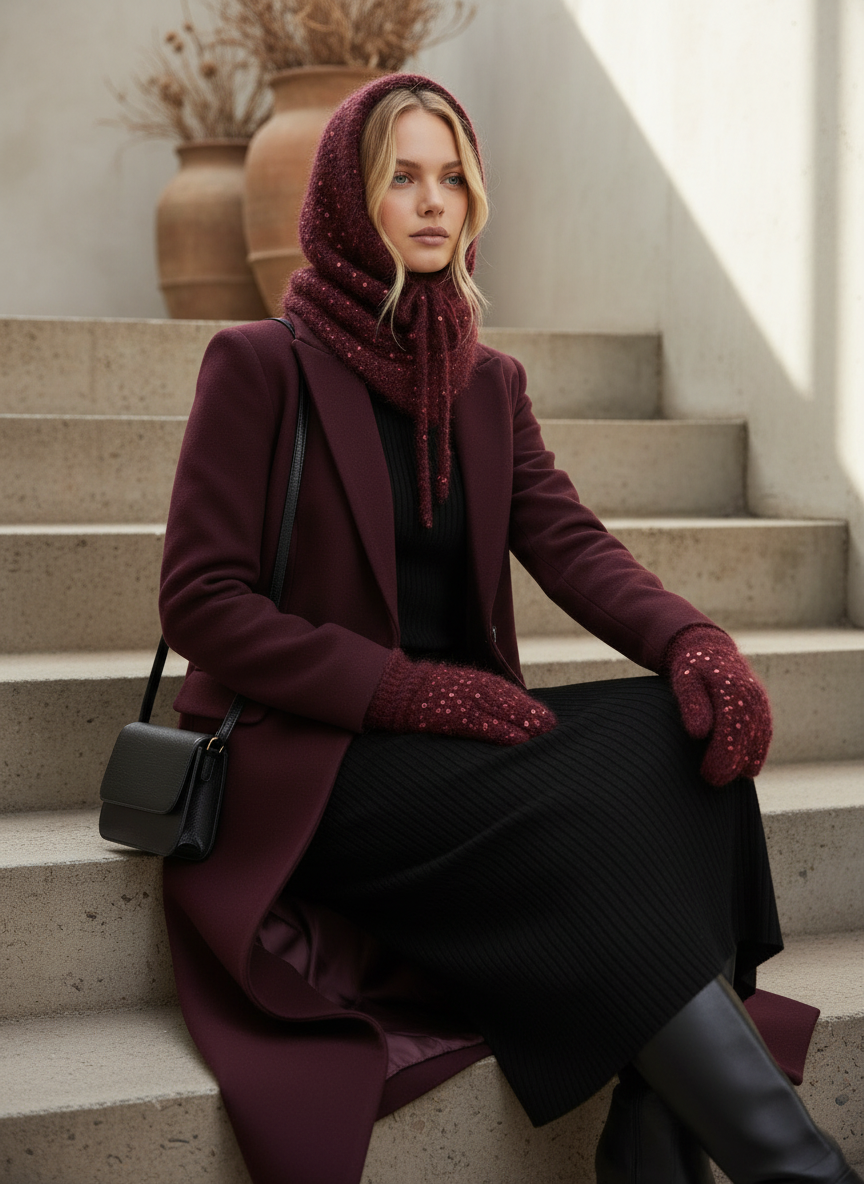 El Örgüsü Şapka ve Eldiven Takımı – Bordo Simli Lüks Kış Seti