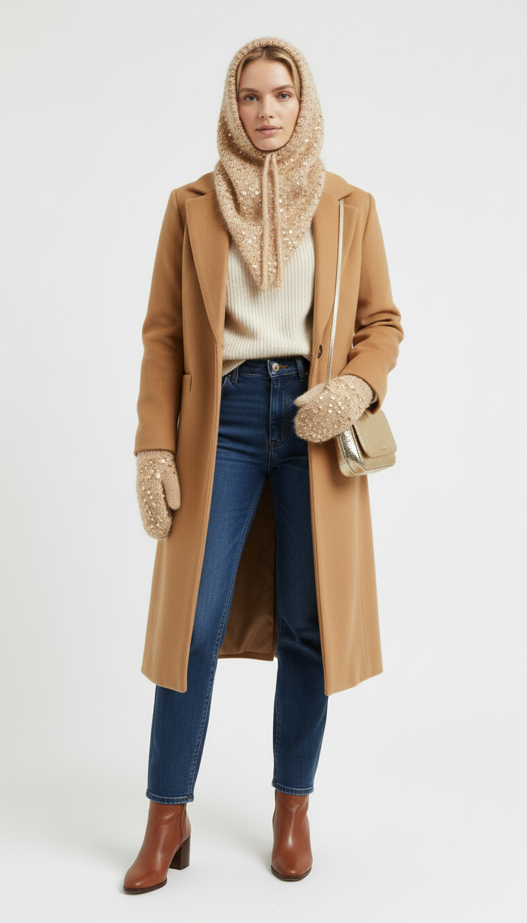 El Örgüsü Şapka ve Eldiven Takımı – Pudra Simli Kış Seti