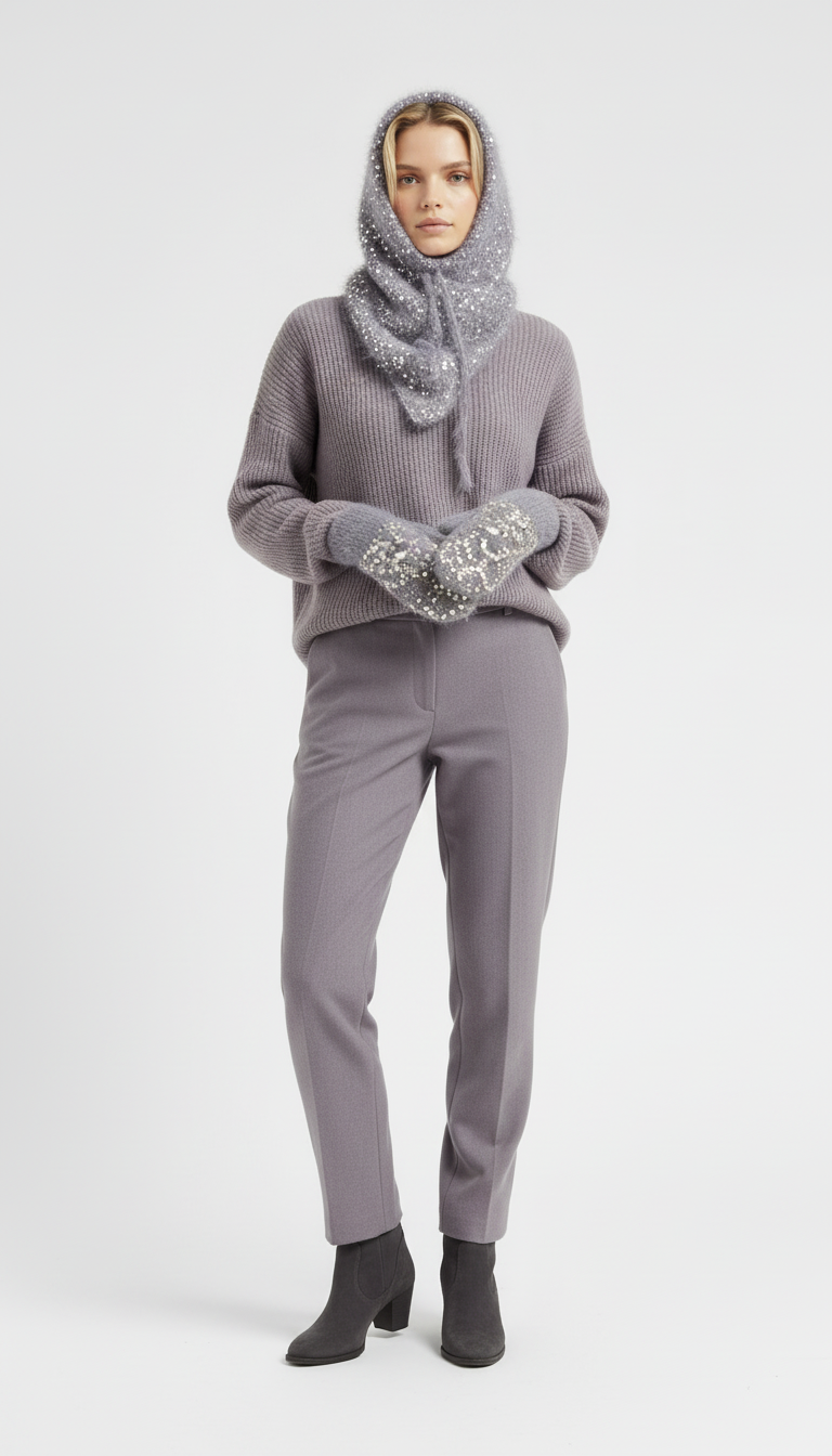El Örgüsü Şapka ve Eldiven Takımı – Gri Simli Yumuşak Doku