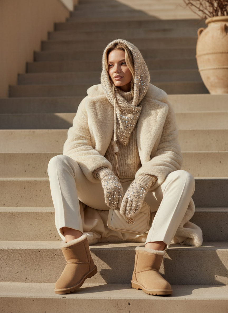 El Örgüsü Şapka ve Eldiven Takımı – Krem Simli Lüks Kış Seti