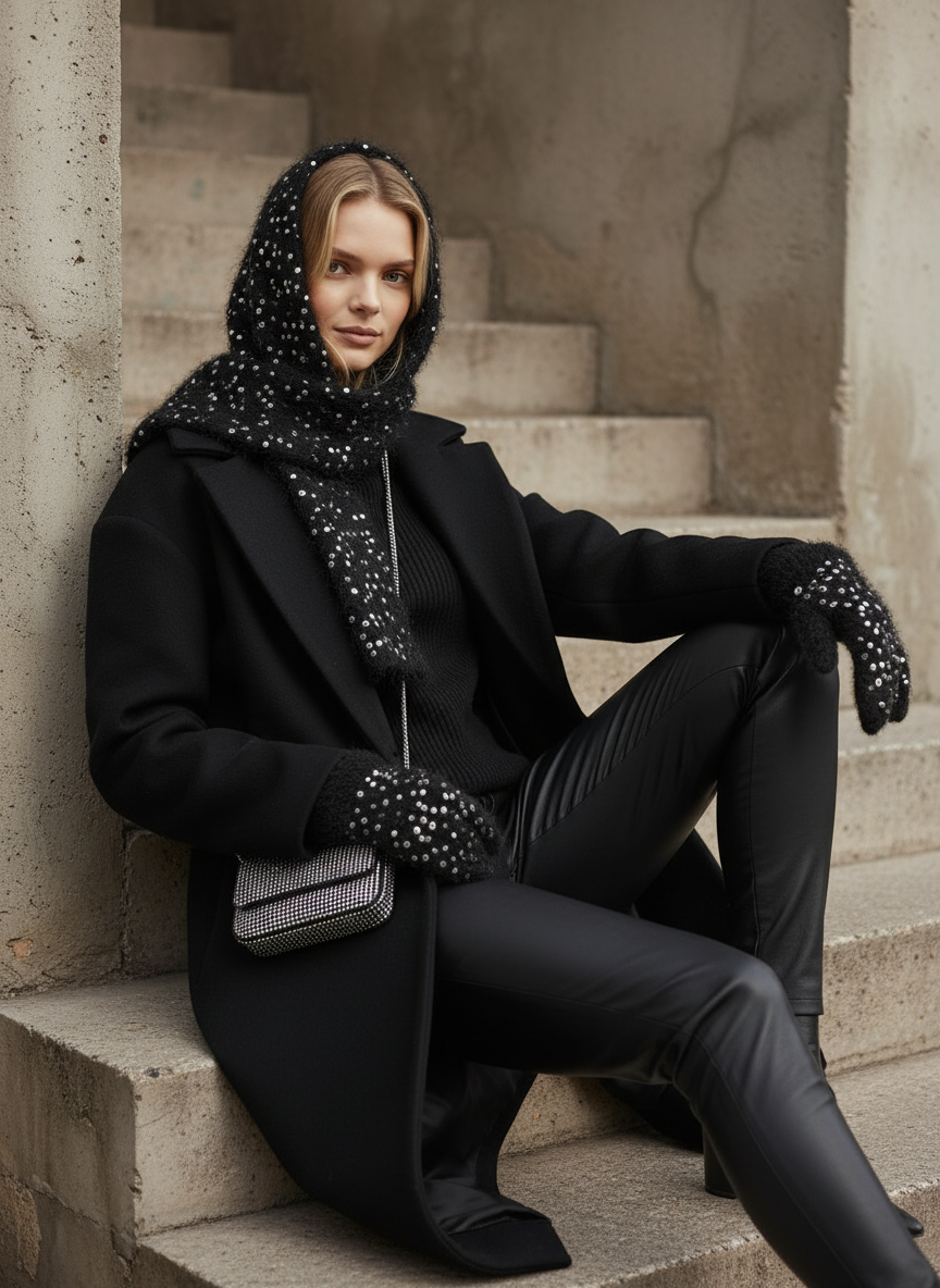 El Örgüsü Şapka ve Eldiven Takımı – Siyah Simli Premium Set