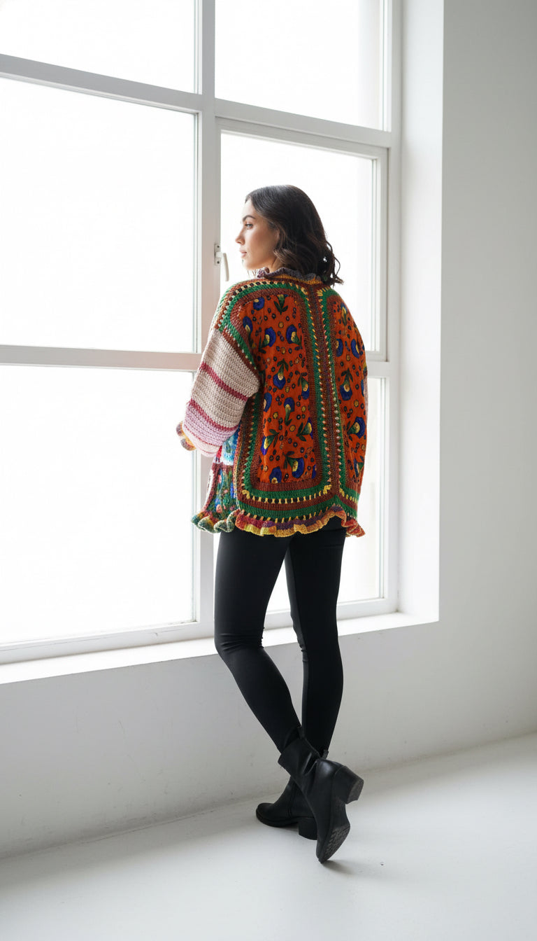 Renk Bloklu Boho Örgü Hırka – Fırfırlı Kenar Detaylı
