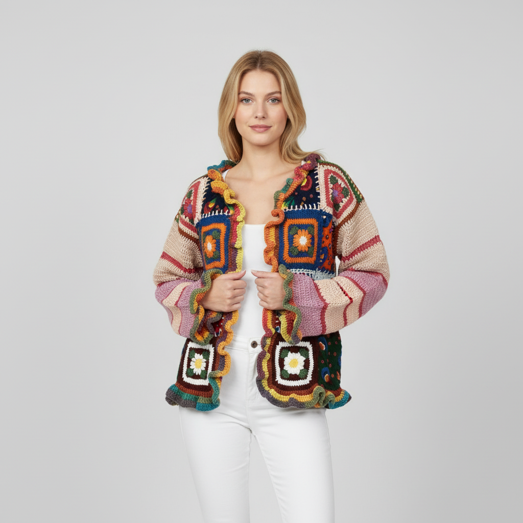 Renk Bloklu Boho Örgü Hırka – Fırfırlı Kenar Detaylı