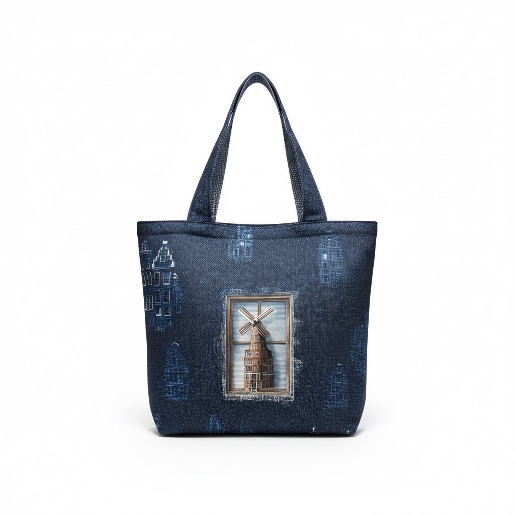 Dutch Windmill – Çift Taraflı El Yapımı Denim Tasarım Tote Çanta
