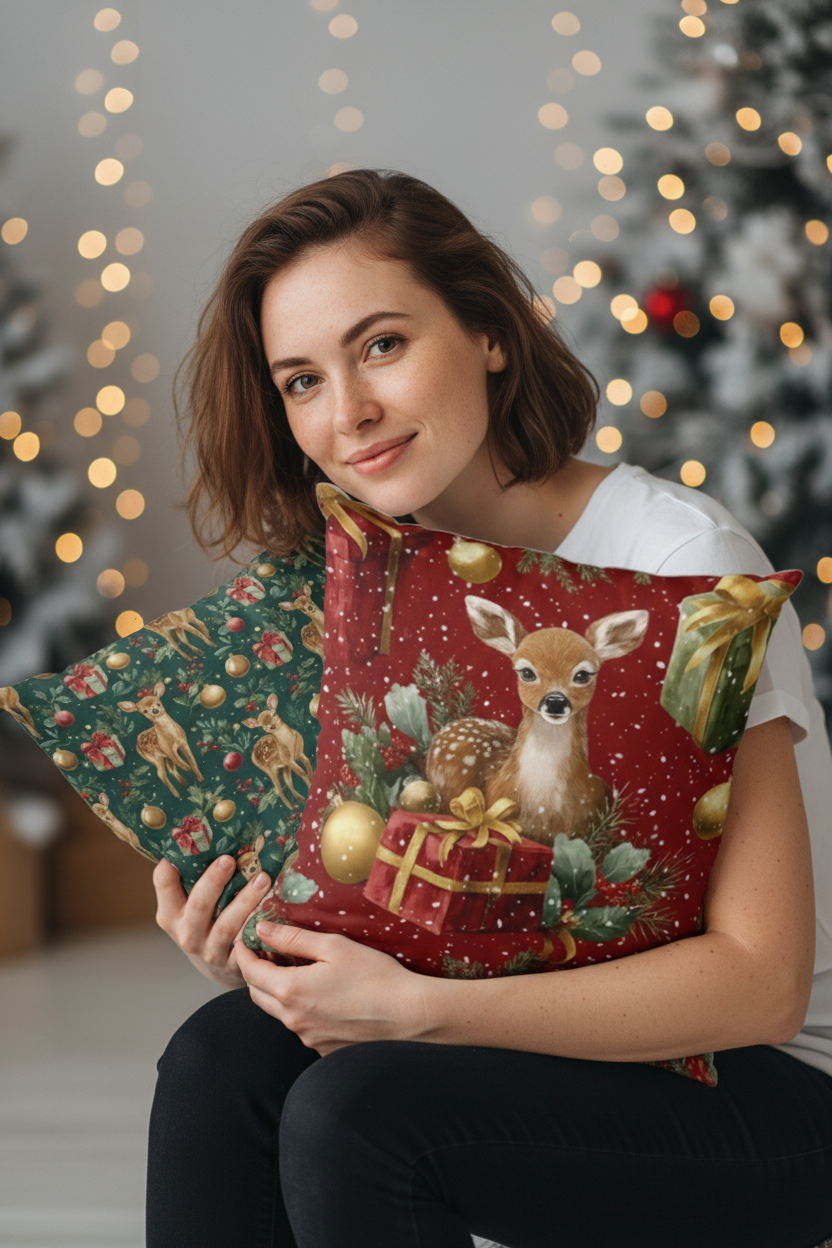 Noel Geyiği Dekoratif Yastık Kılıfı Seti – 3’lü Paket