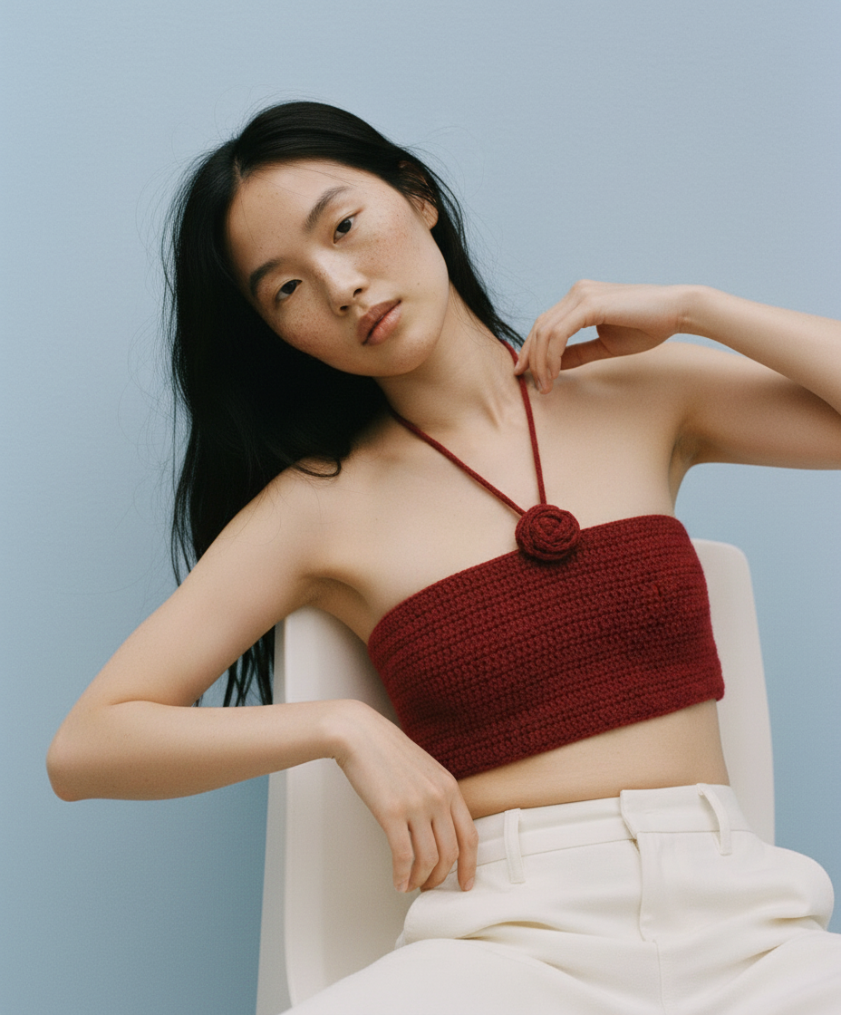 El Örgüsü Bordo Gül Detaylı Büstiyer – Zarif El İşi & Bohem Minimalist Stil