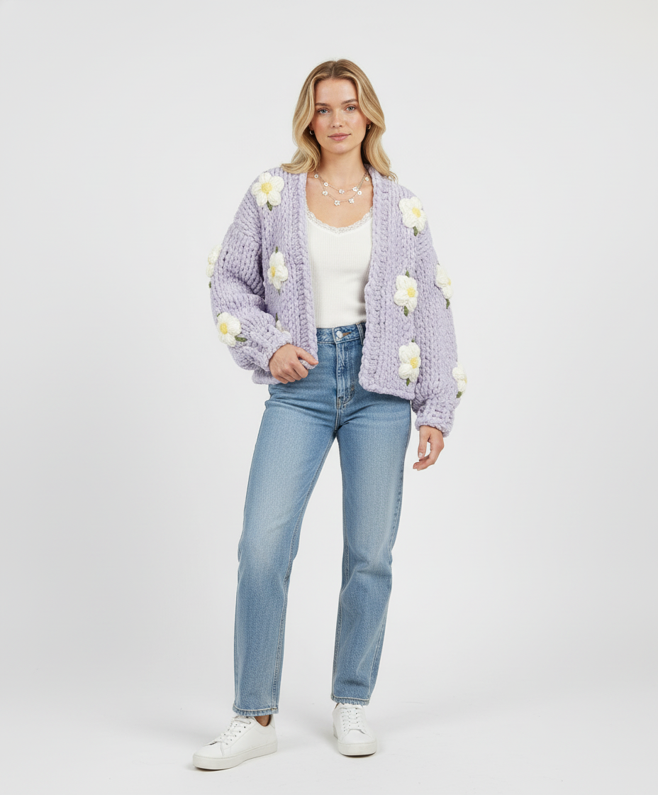 Lila Renk Papatyalı Crop Hırka