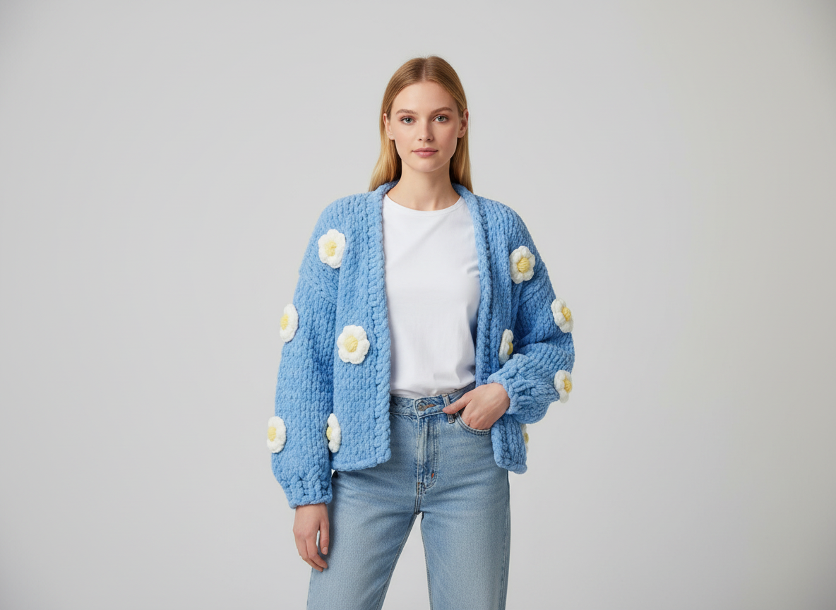 El Örgüsü Crop Hırka – Mavi Pofuduk Çiçekli Model