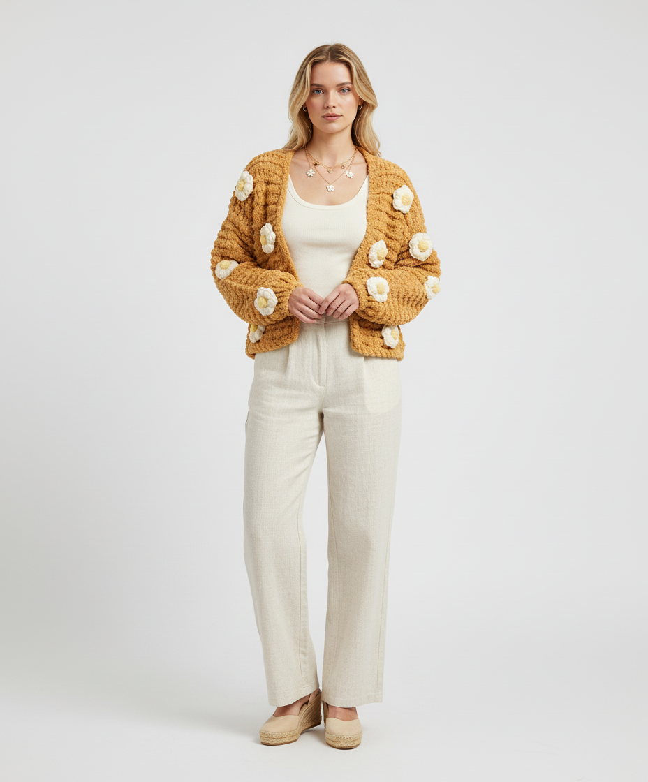 El Örgüsü Papatya Desenli Hırka