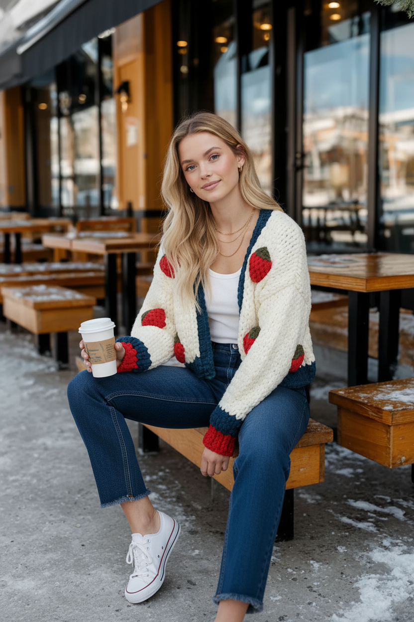 El Örgüsü Çilek Desenli Hırka