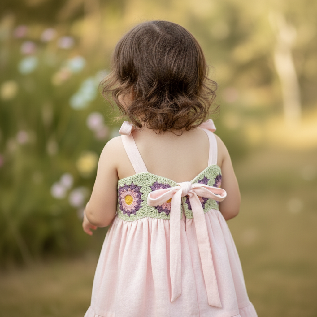 El Örgüsü ve Dokuma Kumaşlı Çocuk Elbisesi – Ayarlanabilir Askılı