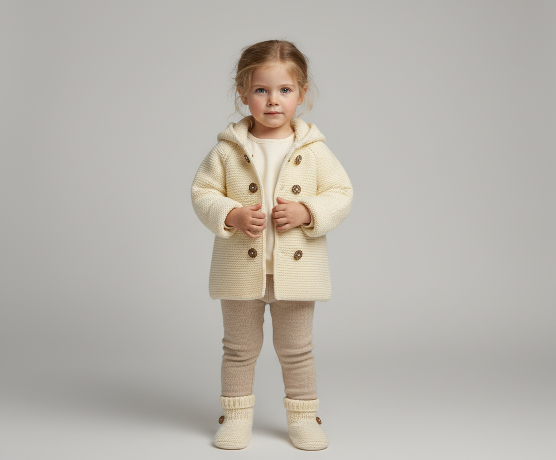 El Örgüsü Kapüşonlu Krem Ceket