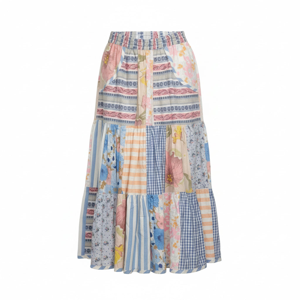 El Yapımı Pastel Patchwork Midi Etek – Vintage Boho Yaz Stili