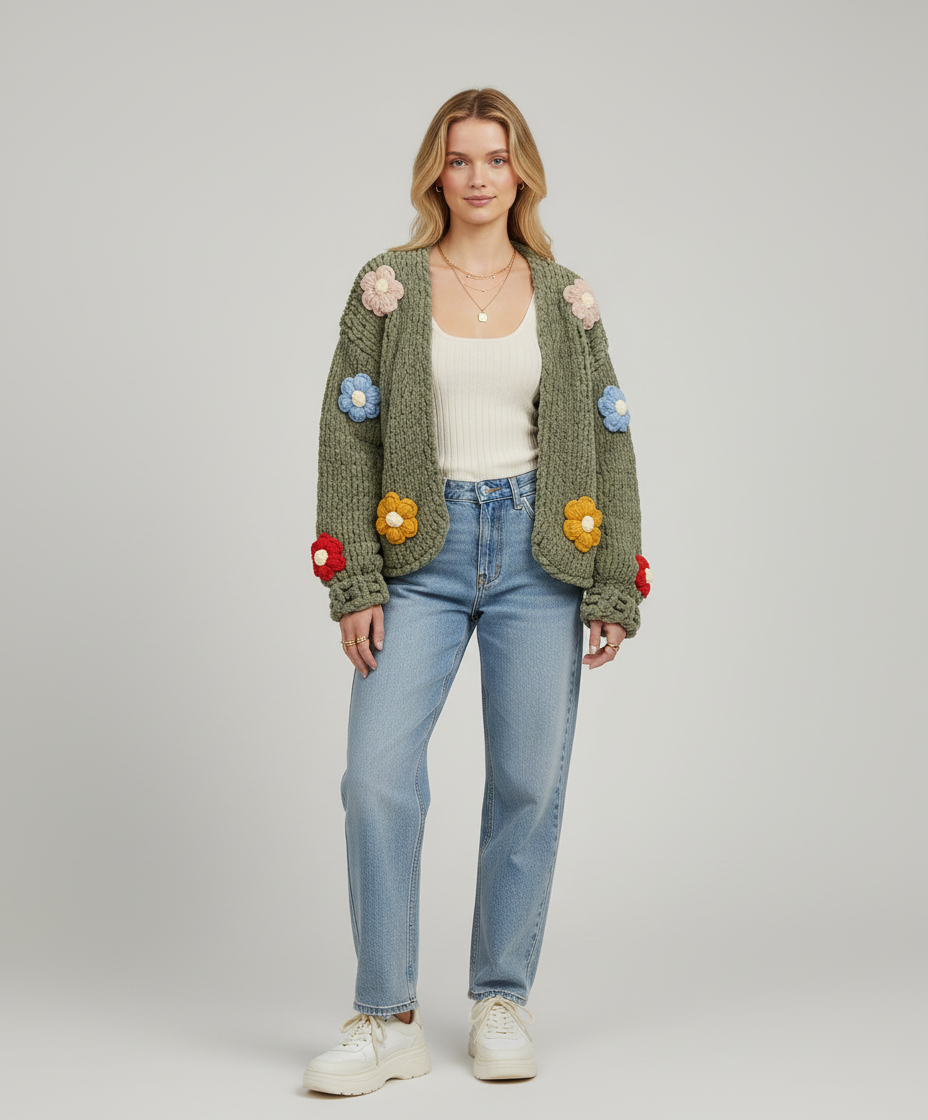 Puffy El Örgüsü 3 Boyutlu Çiçek Tasarımlı Crop Hırka