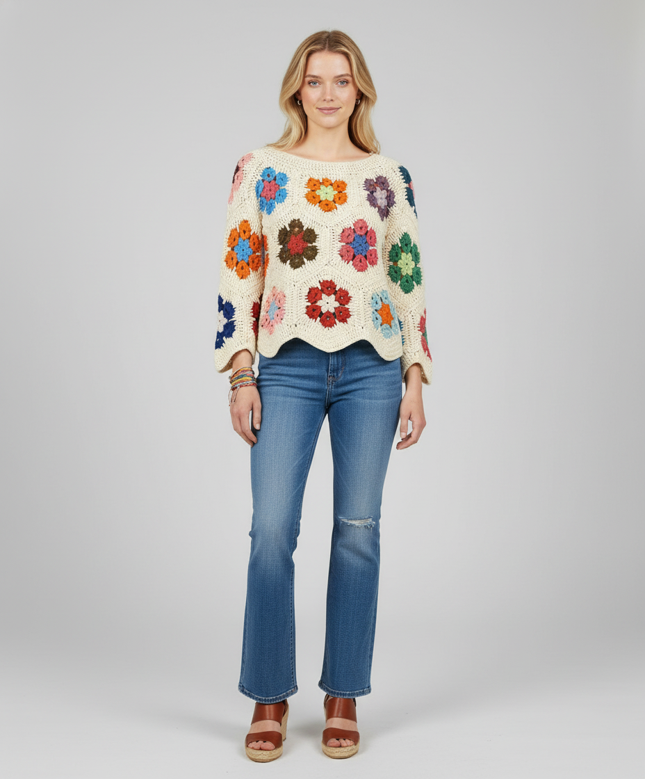 El Örgüsü Çiçek Motifli Bluz