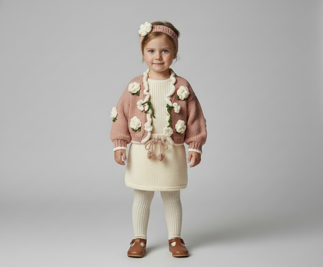 El Örgüsü Çiçek Aplikeli Çocuk Hırkası ve Bandana