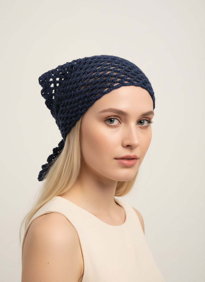 El Örgüsü Bağlamalı File Bandana – Lacivert Boho Tarz