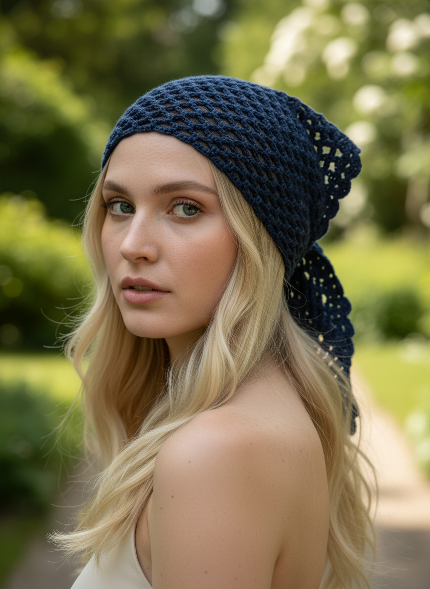 El Örgüsü Bağlamalı File Bandana – Lacivert Boho Tarz