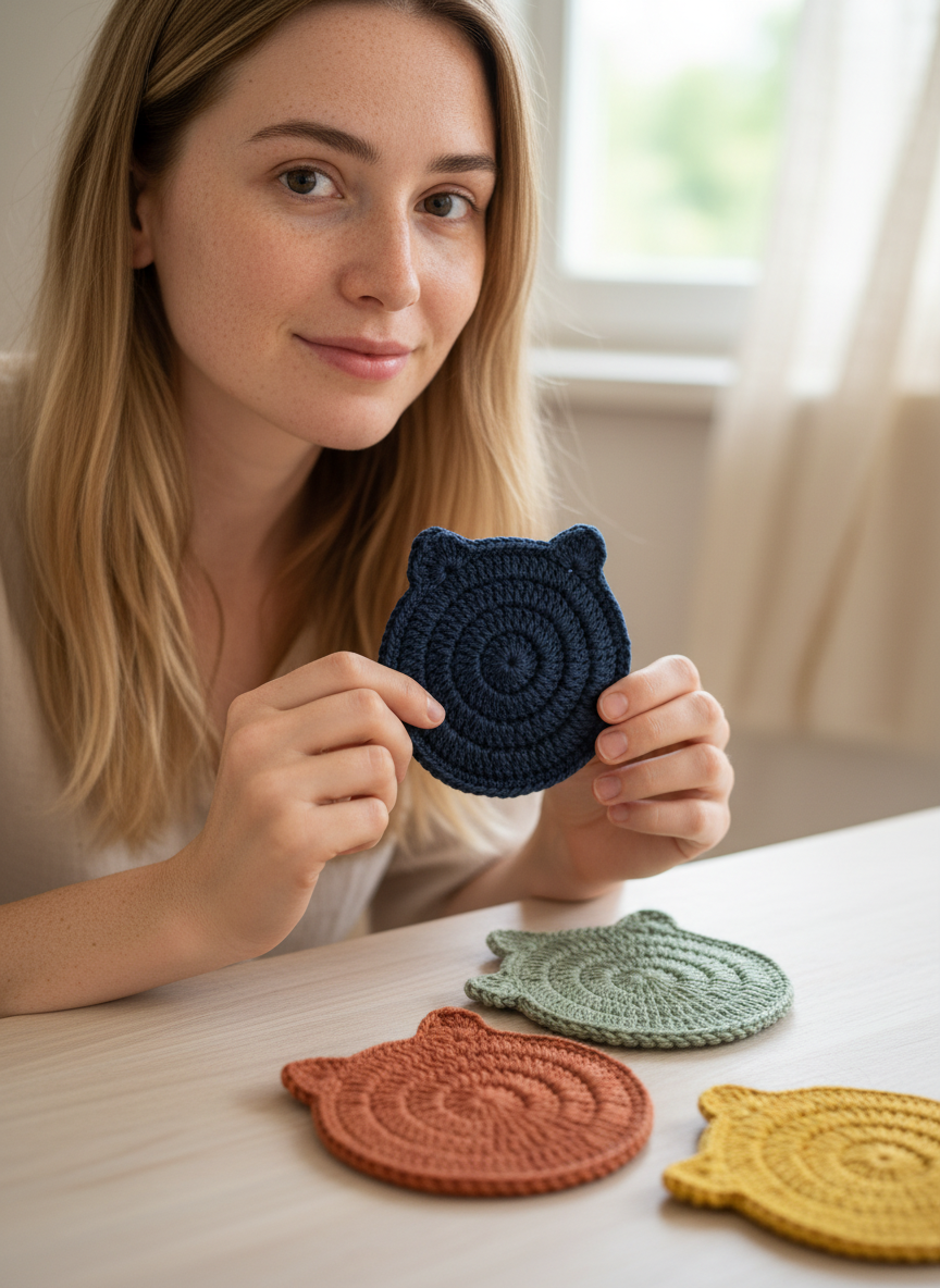 4’lü El Örgüsü Bardak Altlığı Seti – Kedi Motif