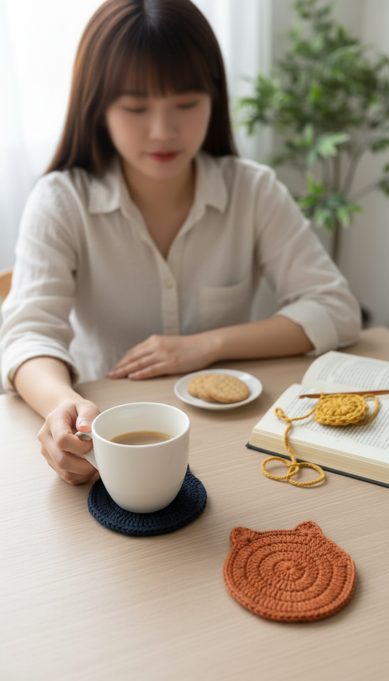 4’lü El Örgüsü Bardak Altlığı Seti – Kedi Motif
