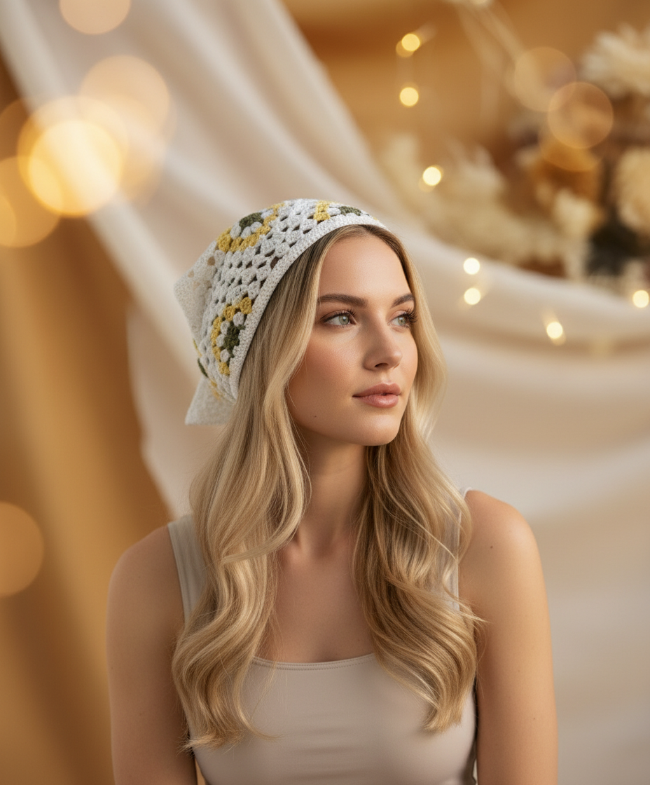 El Örgüsü Bandana – Beyaz & Sarı Granny Kare Desenli