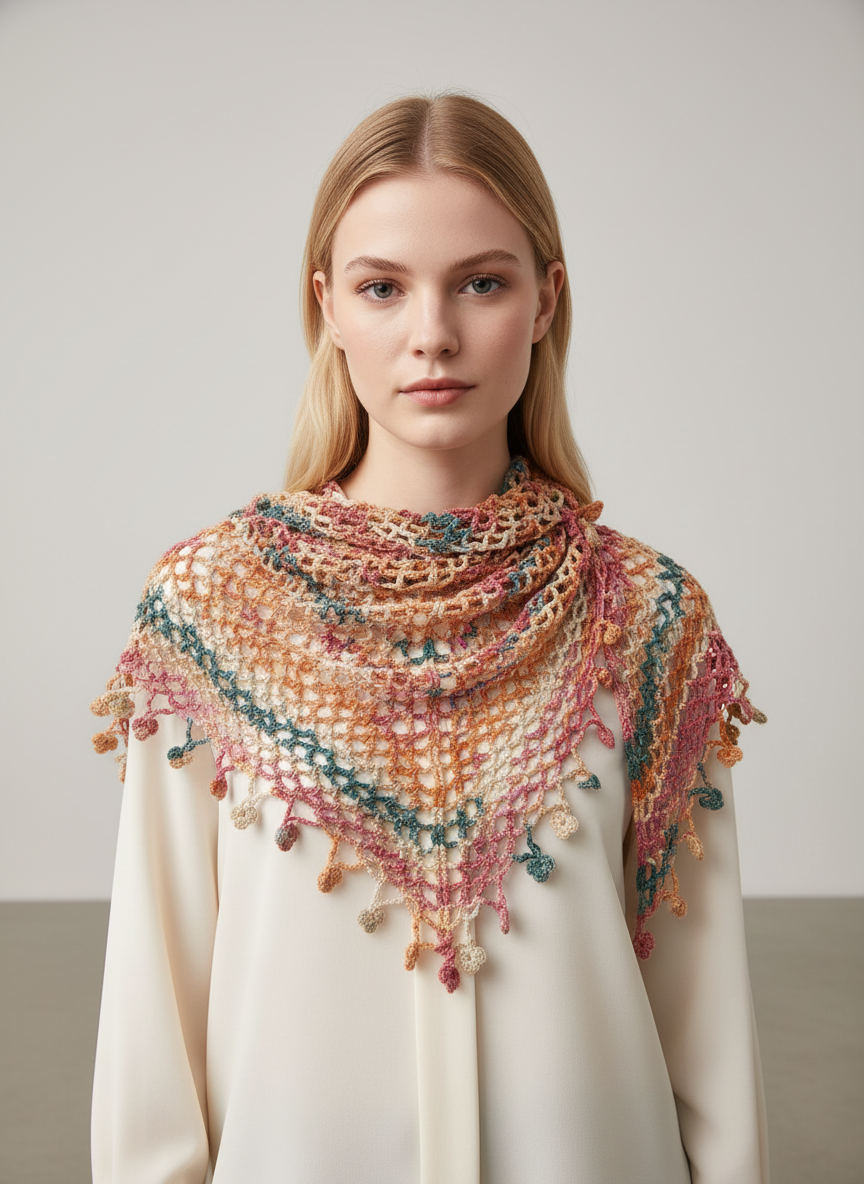 Vintage Renkli El Örgüsü Şal – Boho File Desenli Üçgen Model