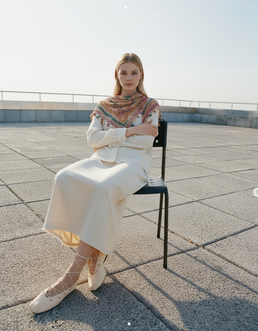 Vintage Renkli El Örgüsü Şal – Boho File Desenli Üçgen Model