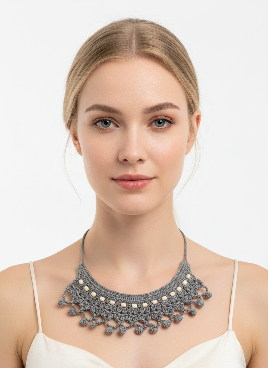 Boho Lace El Örgüsü Kolye – Gri Dantel Örgü & Boncuk Detaylı