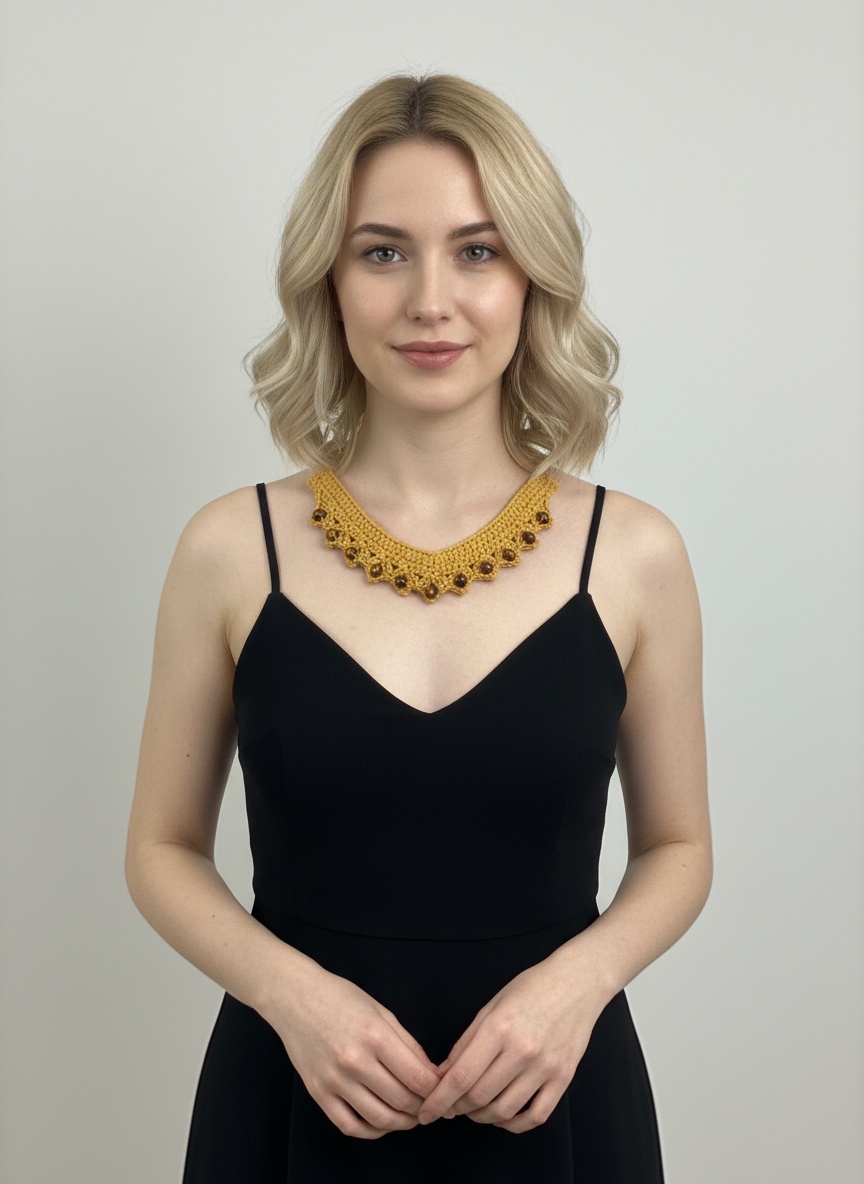 Amber Spirit El Örgüsü Kolye – Hardal Sarısı & Doğal Taş Detaylı Boho Takı